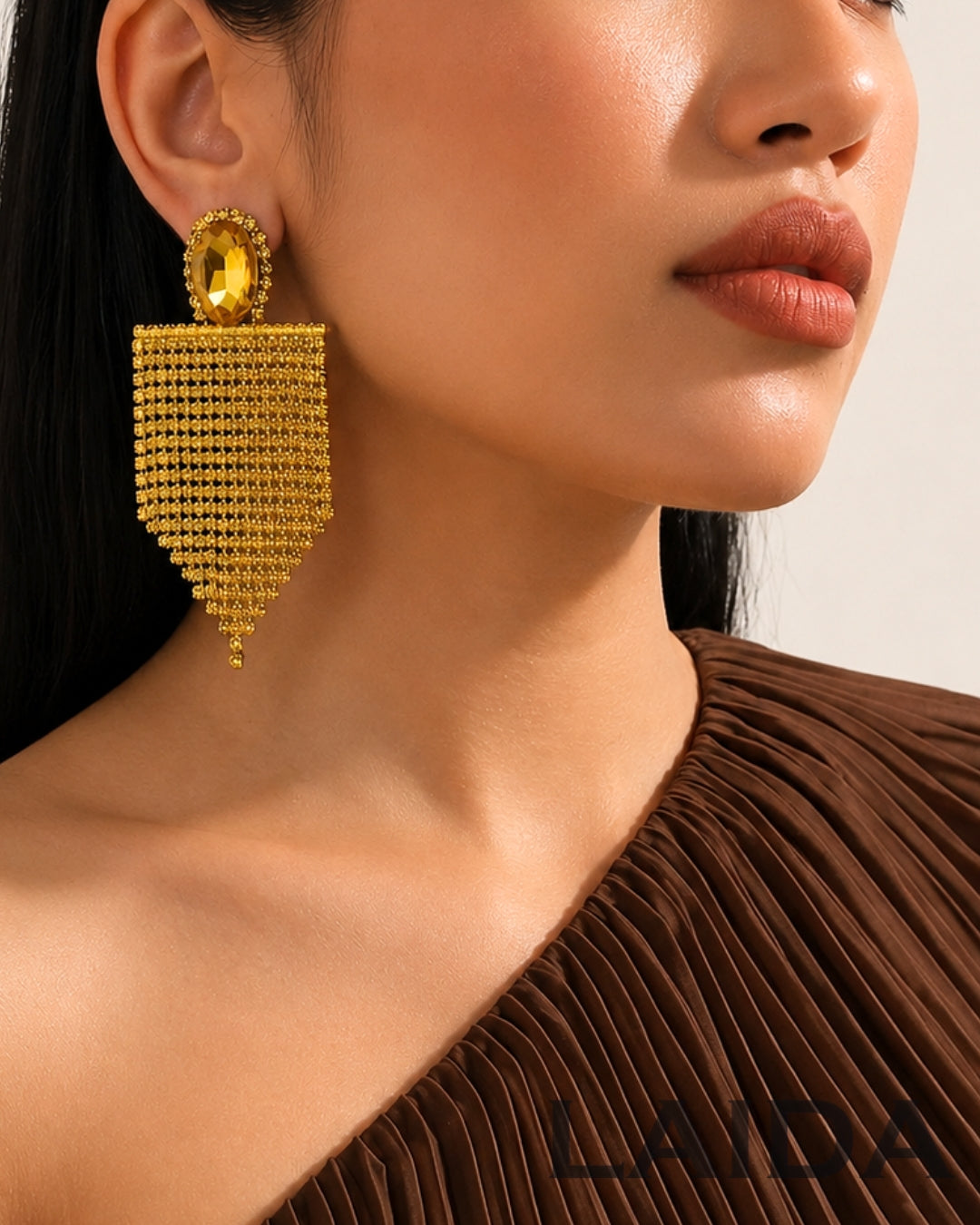 Yellow Rhinestone Tassel Drop Earrings