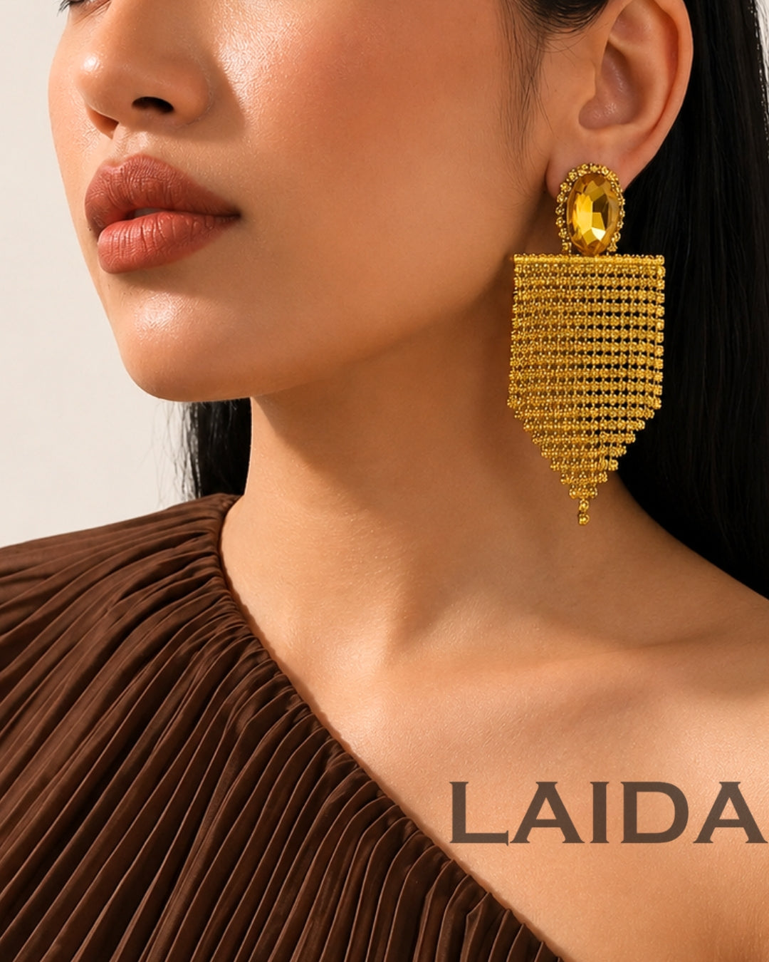 Yellow Rhinestone Tassel Drop Earrings