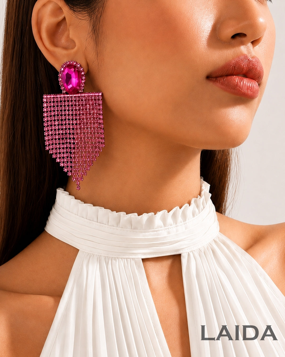 Pink Rhinestone Tassel Drop Earrings