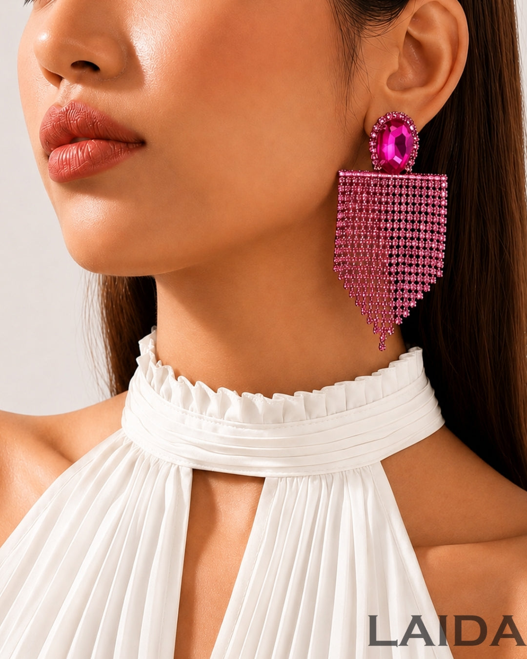 Pink Rhinestone Tassel Drop Earrings