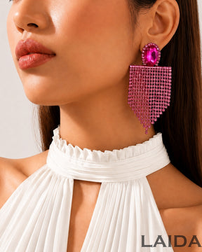 Pink Rhinestone Tassel Drop Earrings