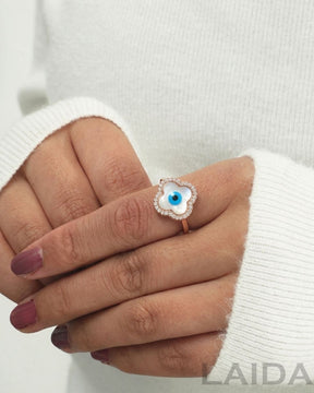 Evil Eye Flower Rose Gold Plated Finger Ring