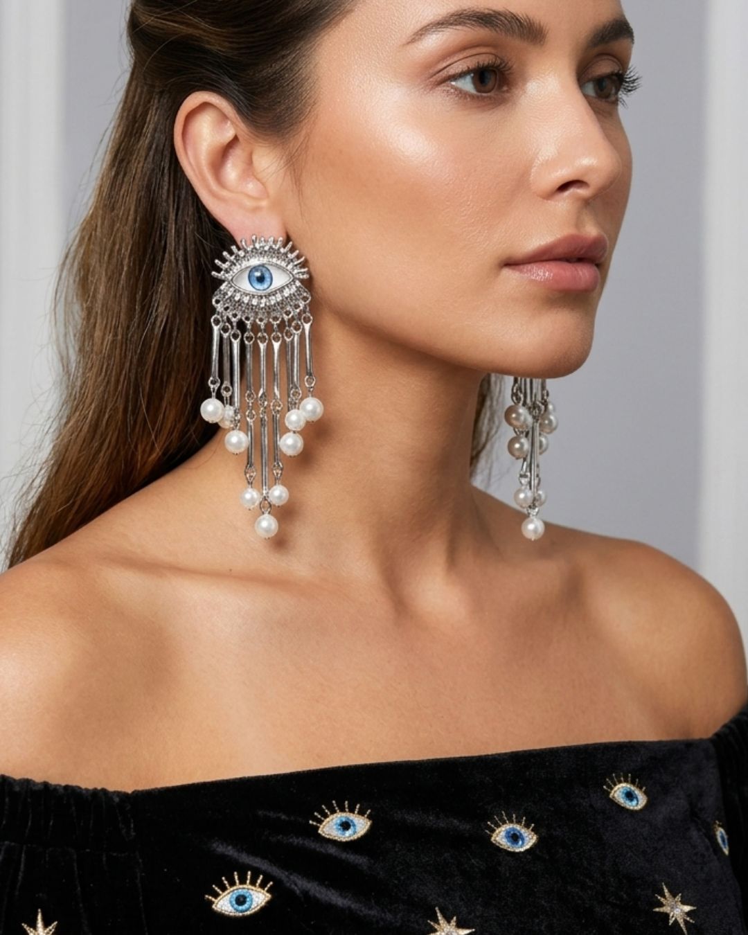 Silver Pearl Fringed Turquoise Evil Eye Drop Earrings