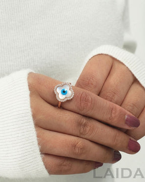 Evil Eye Flower Rose Gold Plated Finger Ring