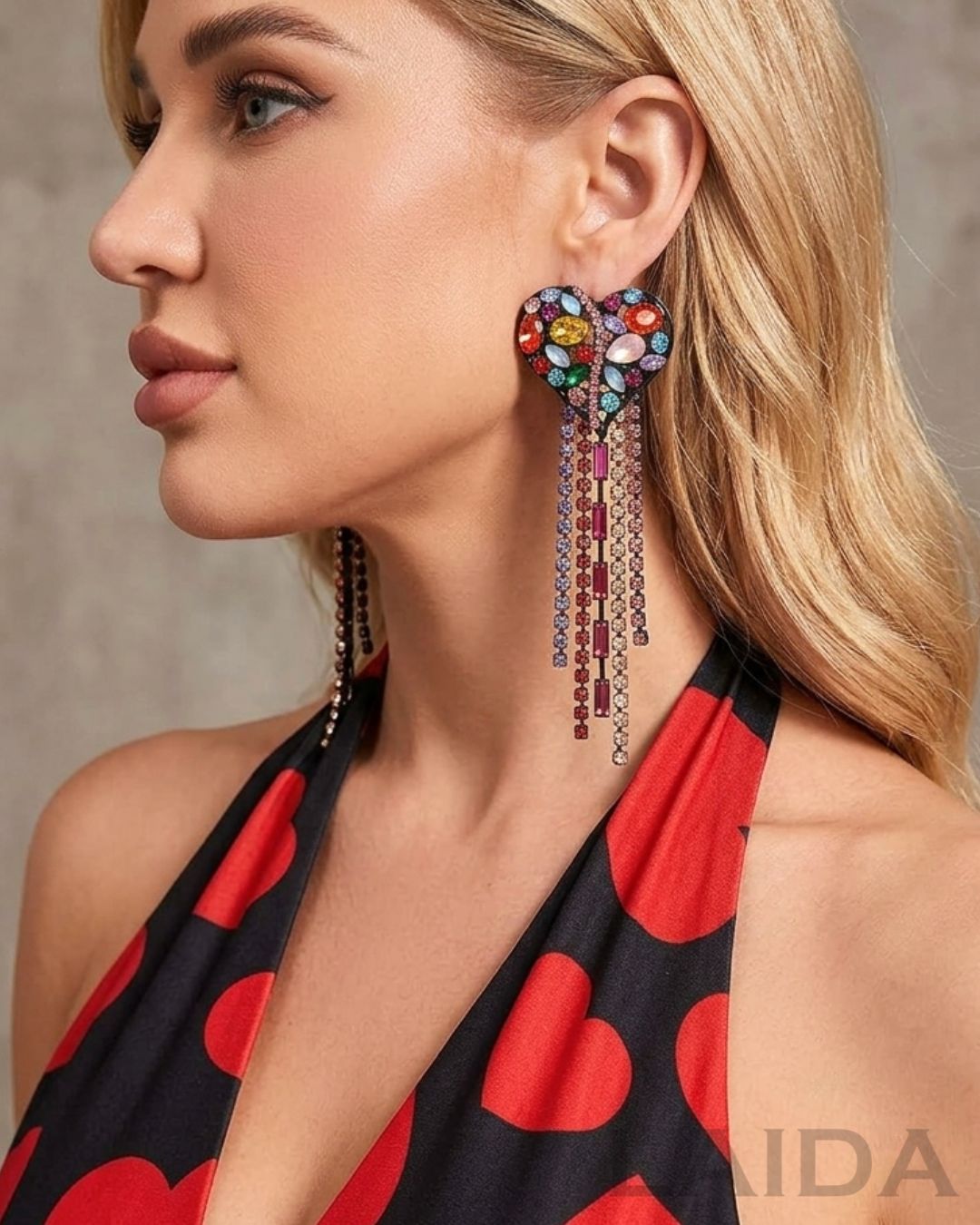 Bling Multi Love Heart Tassel Drop Earrings