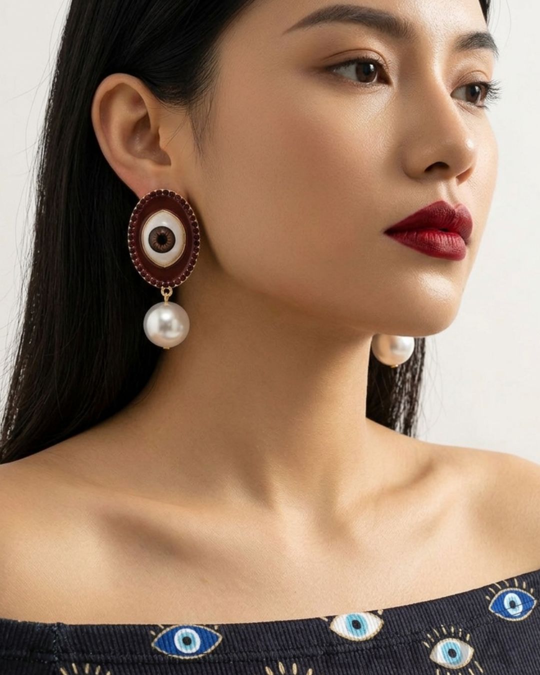 Maroon Pearl Evil Eye Drop Earrings