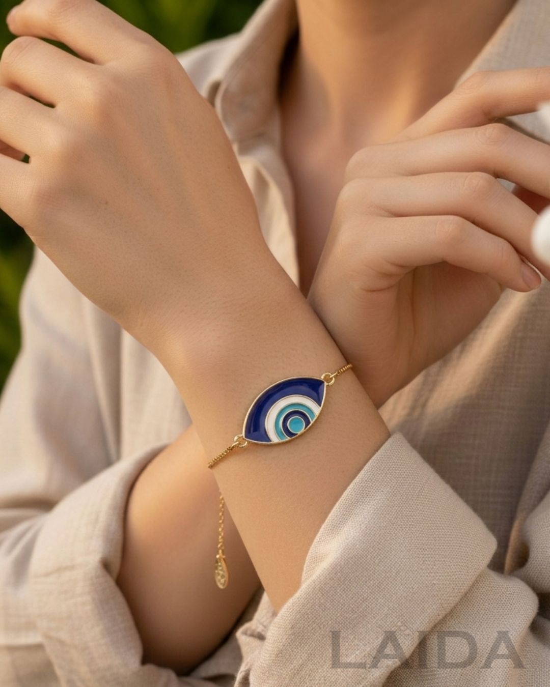 Oval Blue Evil Eye Gold Plated - Adjustable Bracelet