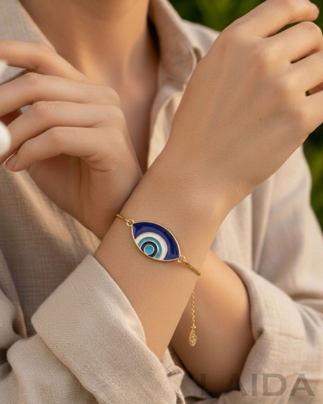 Oval Blue Evil Eye Gold Plated - Adjustable Bracelet