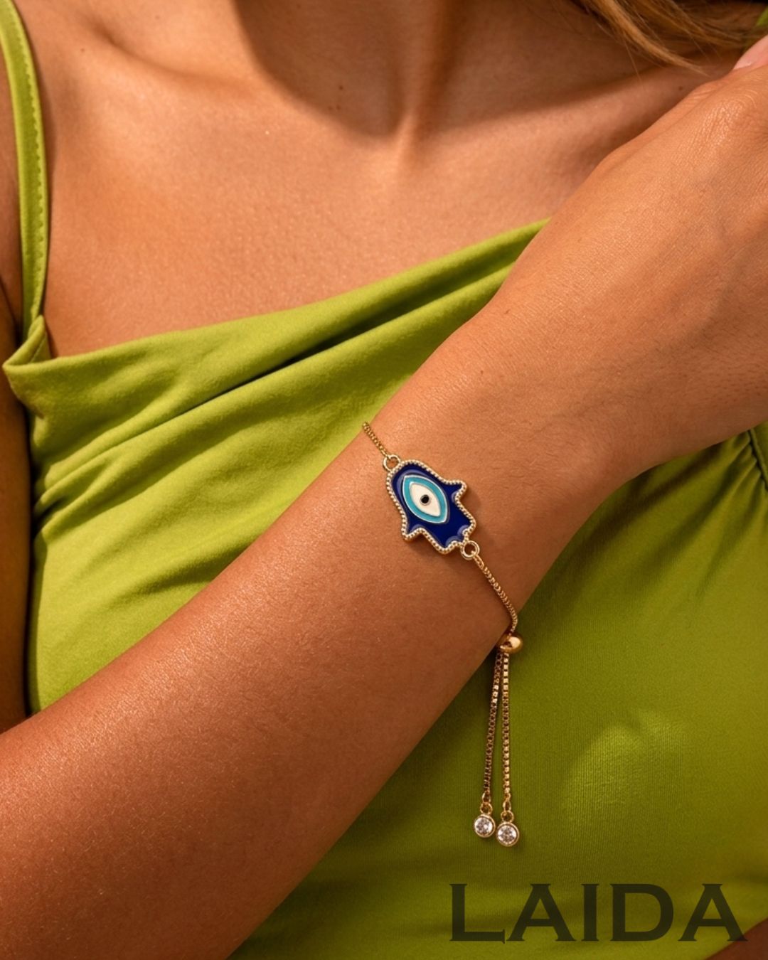 Hamsa Blue - Gold Plated  Adjustable Bracelet