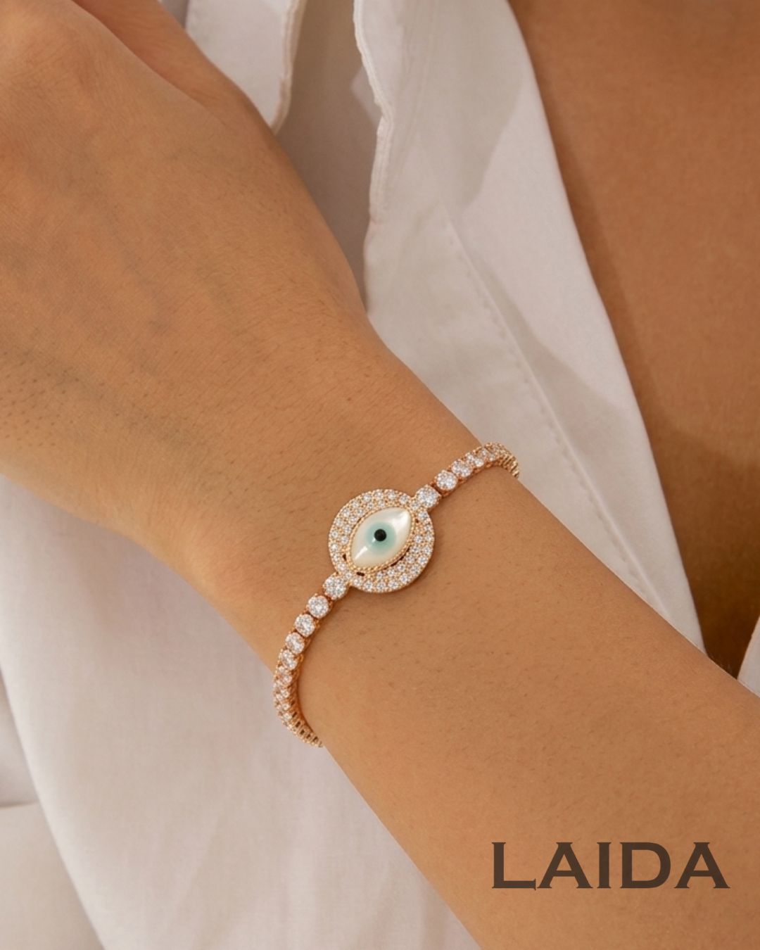 American Diamond Studded Evil Eye Gold Plated - Adjustable Bracelet