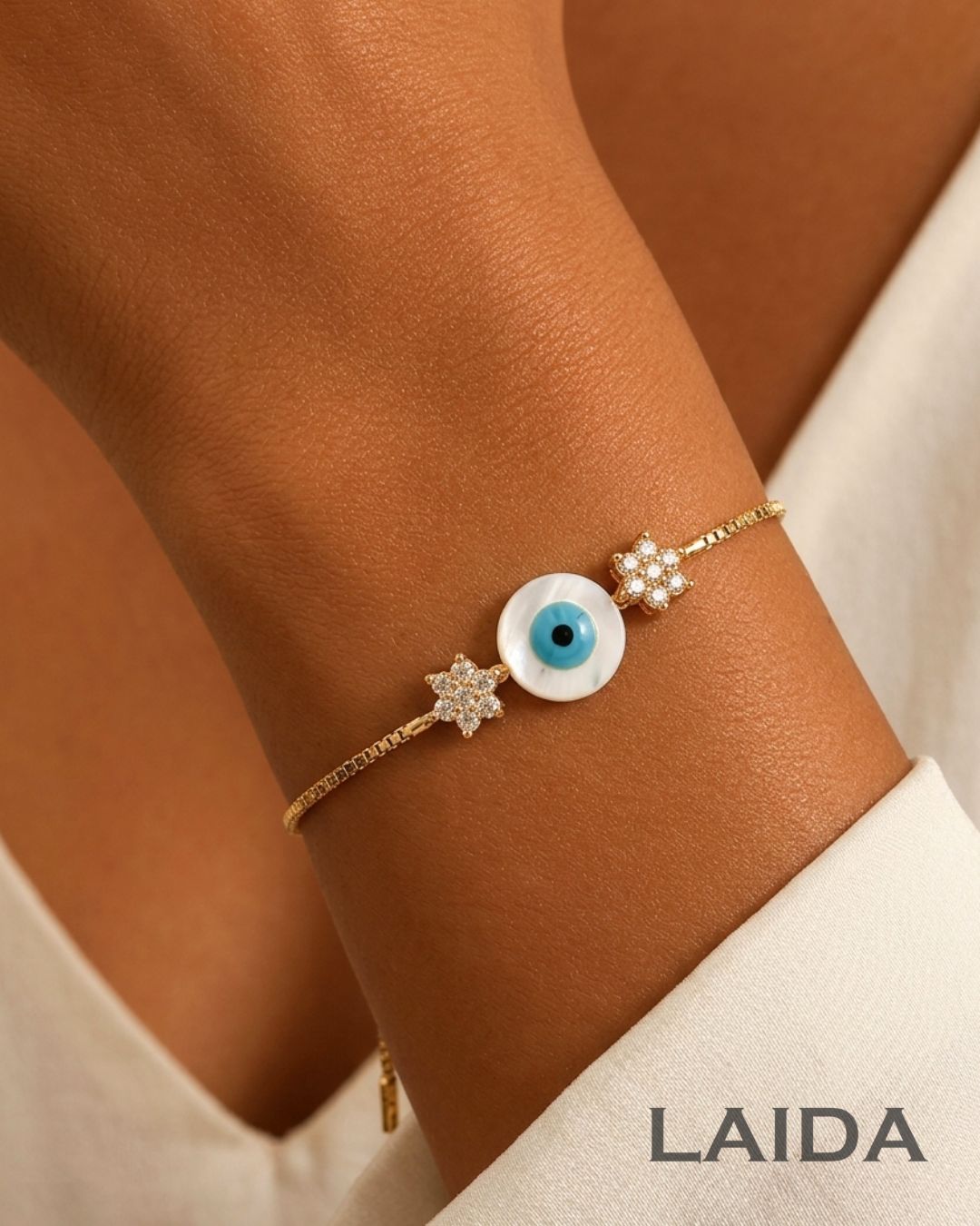 Floral Evil Eye Gold Plated - Adjustable Bracelet