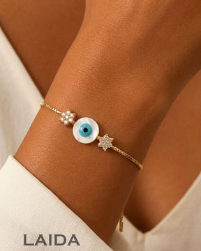 Floral Evil Eye Gold Plated - Adjustable Bracelet