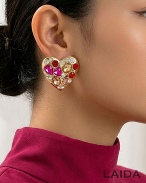 Crystal Ruby Heart Stud Earrings