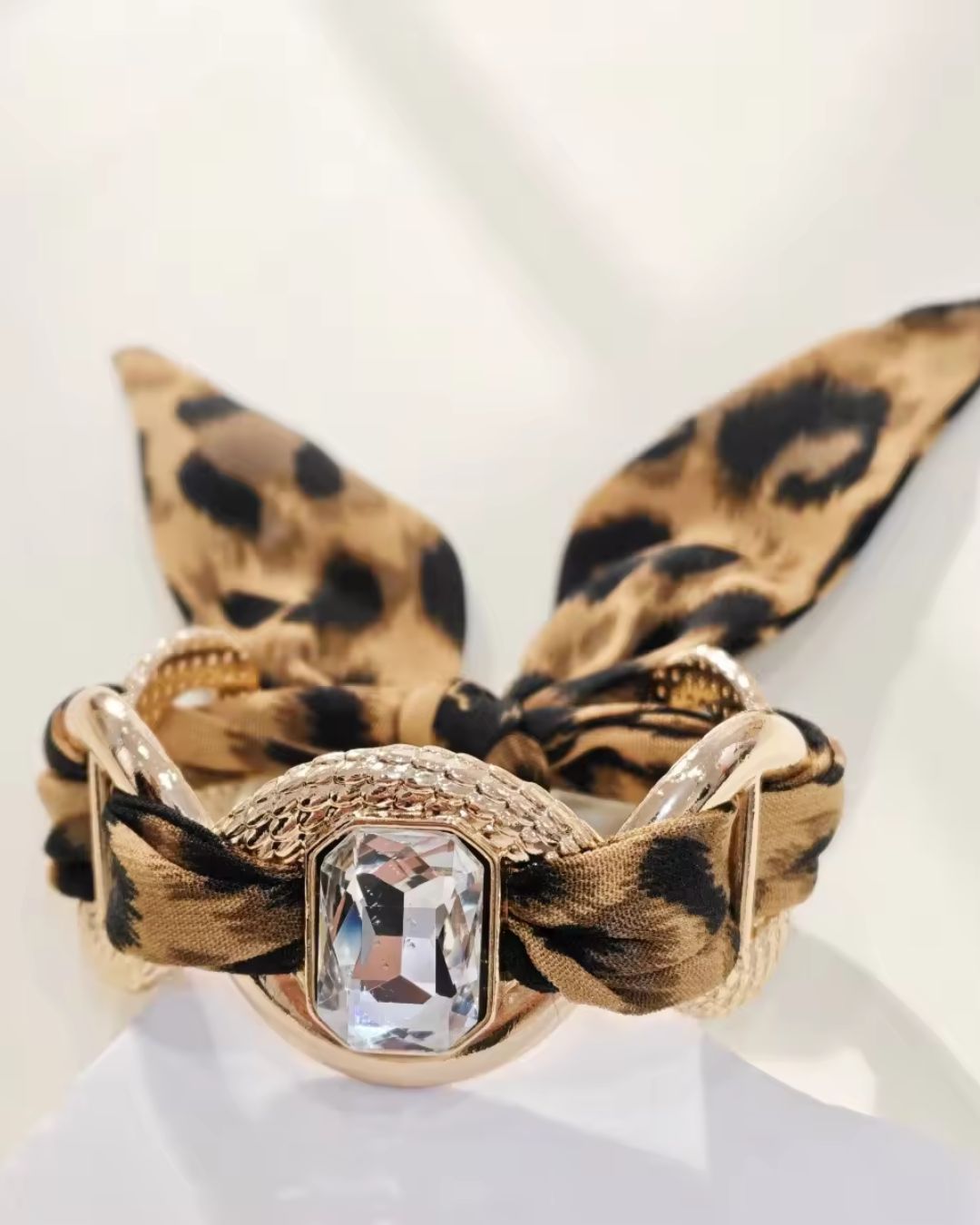 Golden Animal Print Silver Rhinestone Scarf Bracelet
