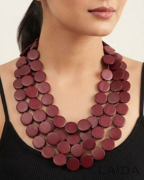Maroon- Layered Wooden Charm Necklace