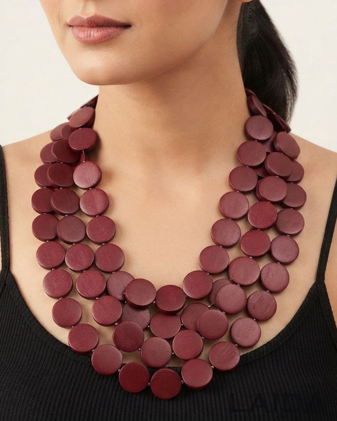 Maroon- Layered Wooden Charm Necklace