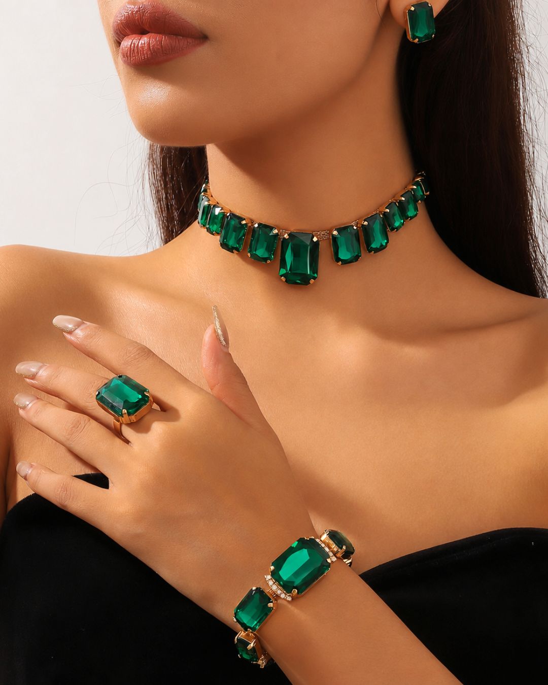 Emerald Green Square Rhinestone Necklace With Earrings Bracelet And Ring