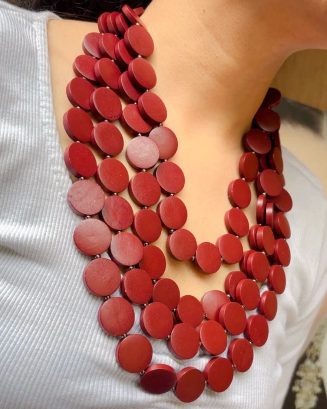 Maroon- Layered Wooden Charm Necklace