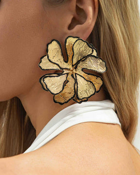 Black Enamel Floral Statement Gold Stud Earrings