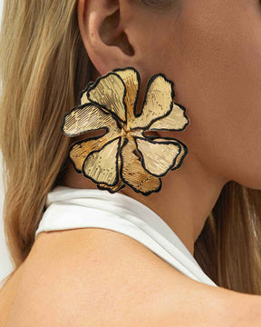 Black Enamel Floral Statement Gold Stud Earrings