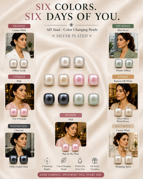 Silver-Plated AD Color Changeable Pearl Stud Earrings Pack Of-6