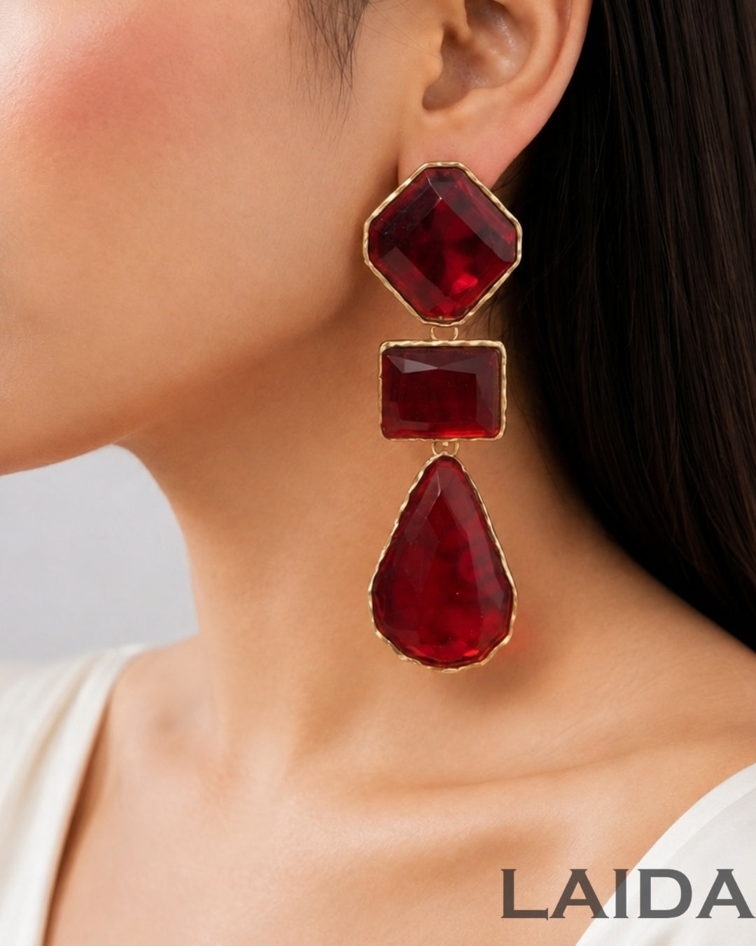 Maya Clear Crystal Maroon Statement Earrings
