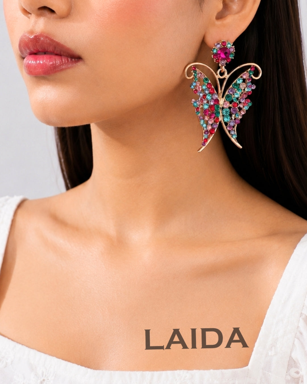 Multi Crystal Butterfly Drop Earrings