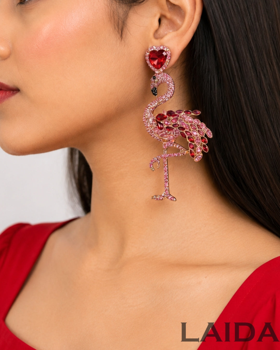 Pink Retro Flamingo Rhinestone Drop Earrings