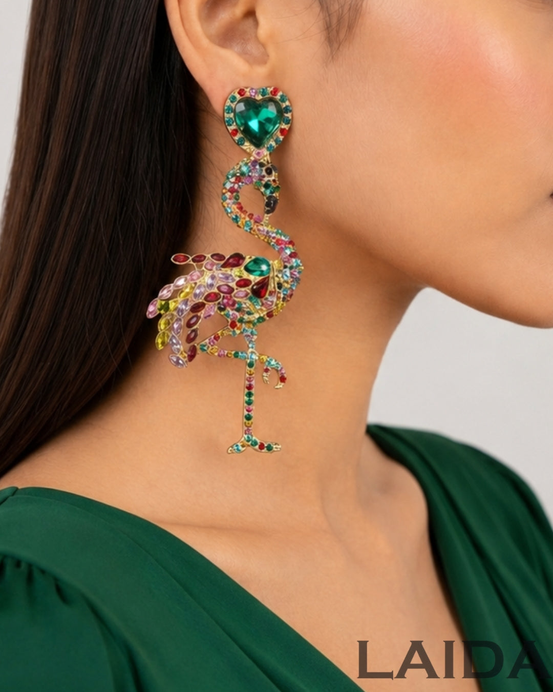 Green Retro Flamingo Rhinestone Drop Earrings