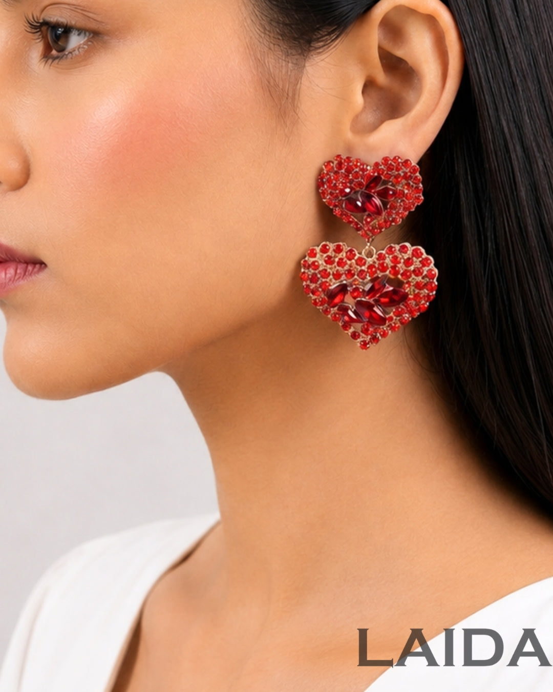 Red American Diamond Heart Drop Earrings