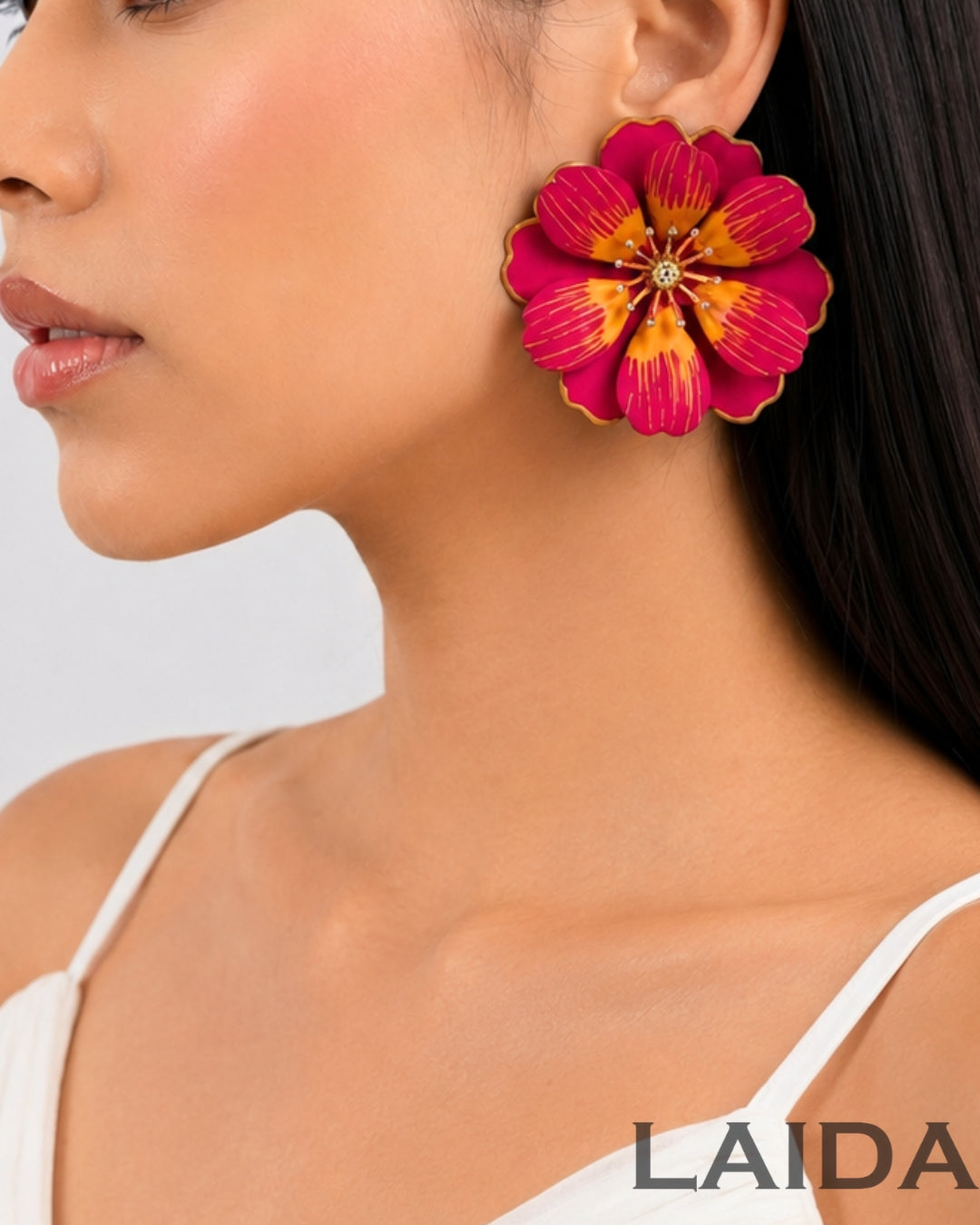 Pink Petal Enamel Flower Drop Earrings
