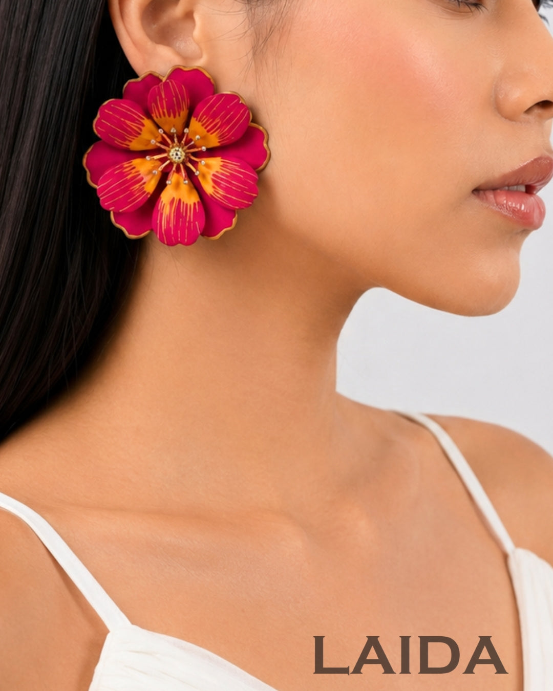 Pink Petal Enamel Flower Drop Earrings