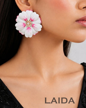 White Petal Enamel Flower Drop Earrings