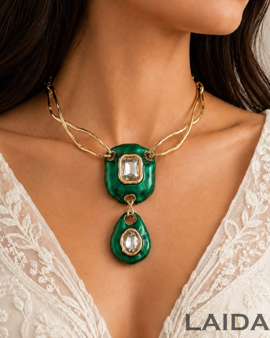 Premium Chic Emerald Green Sculptural necklace | Statement Jewellery