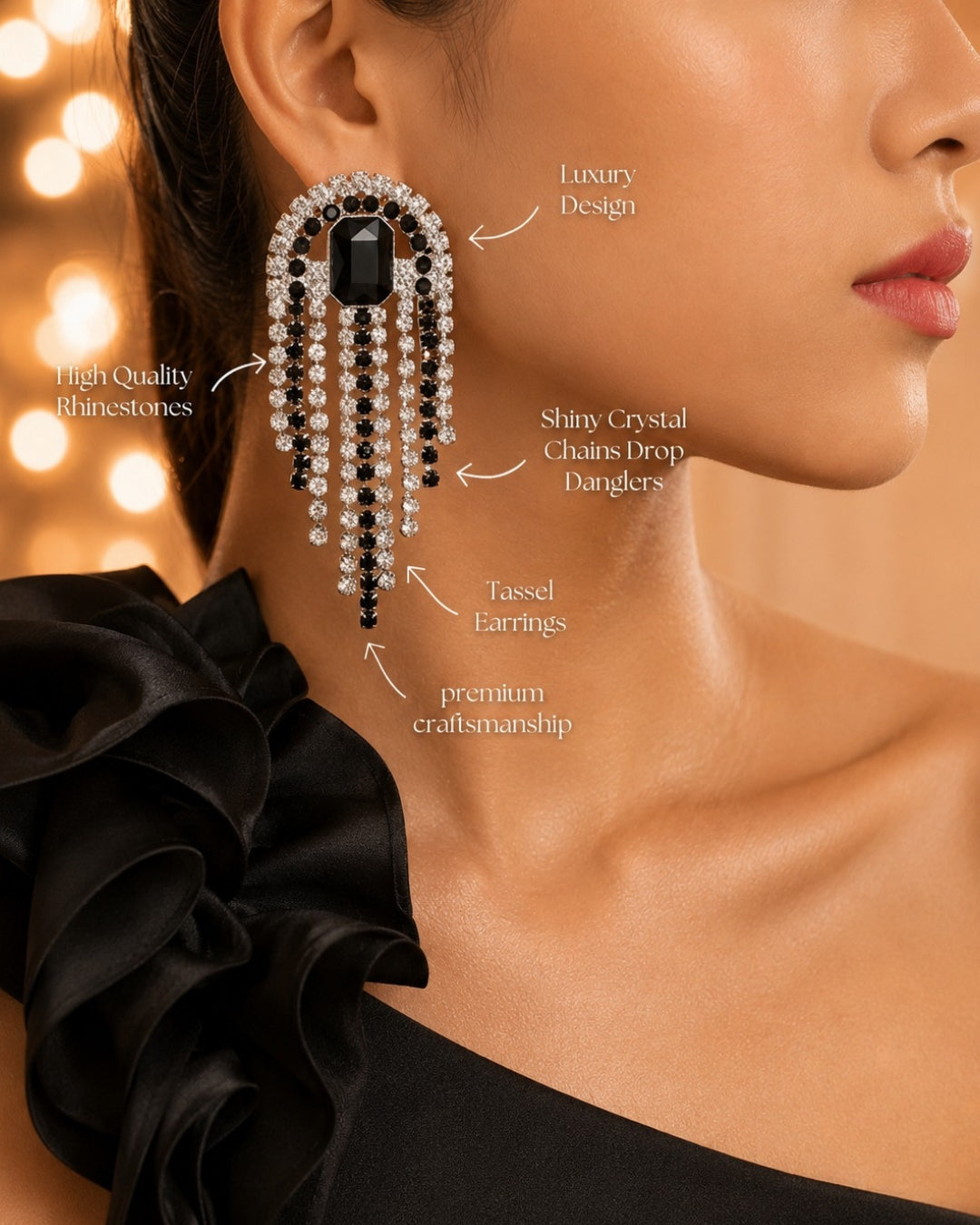 Vintage Black Crystal Chain Tassel Drop Earrings