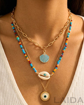 Multi Layer Blue Evil Eye Shell Long Pendant