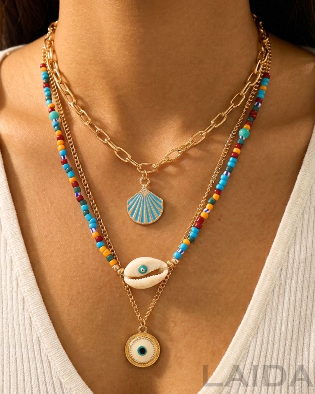 Multi Layer Blue Evil Eye Shell Long Pendant