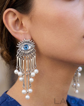 Silver Pearl Fringed Turquoise Evil Eye Drop Earrings