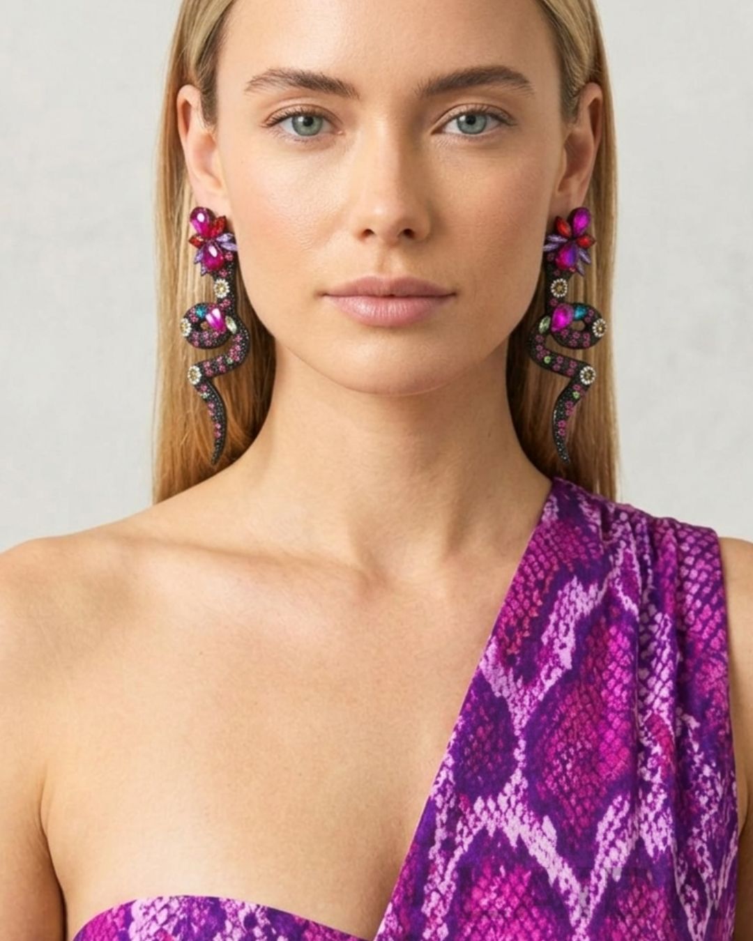Fuschia Pink Rhinestone Snake Tassel Drop Earrings