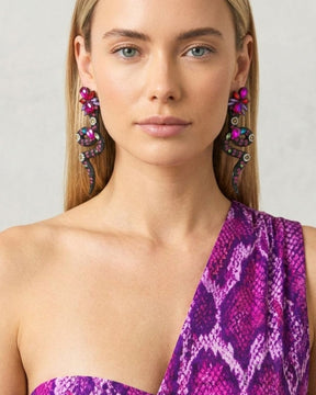 Fuschia Pink Rhinestone Snake Tassel Drop Earrings