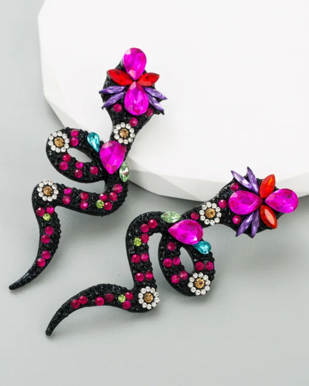 Fuschia Pink Rhinestone Snake Tassel Drop Earrings