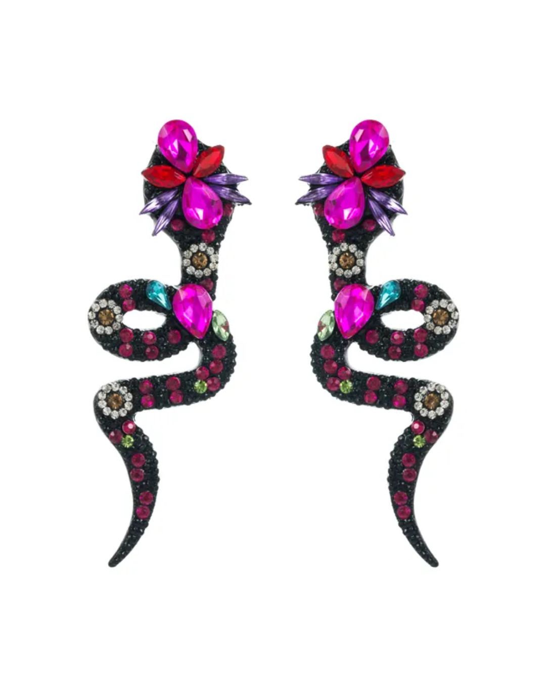 Fuschia Pink Rhinestone Snake Tassel Drop Earrings