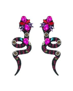 Fuschia Pink Rhinestone Snake Tassel Drop Earrings