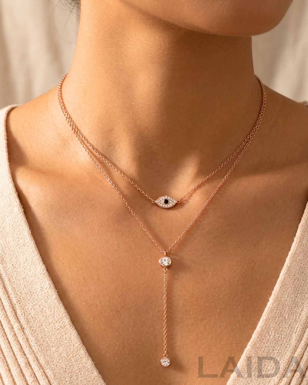 Rose Gold Minimal Evil Eye Layered Pendant Chain