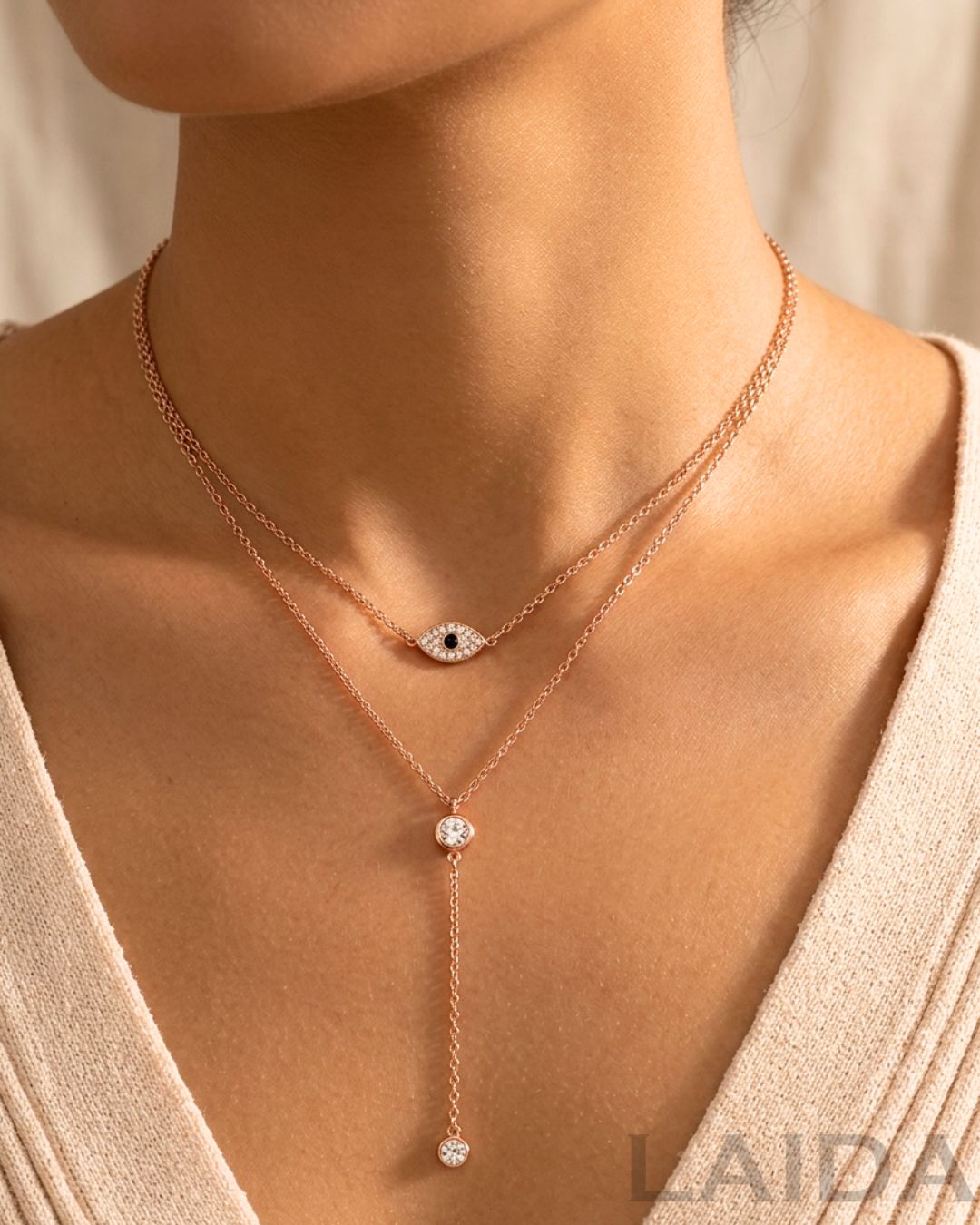 Rose Gold Minimal Evil Eye Layered Pendant Chain