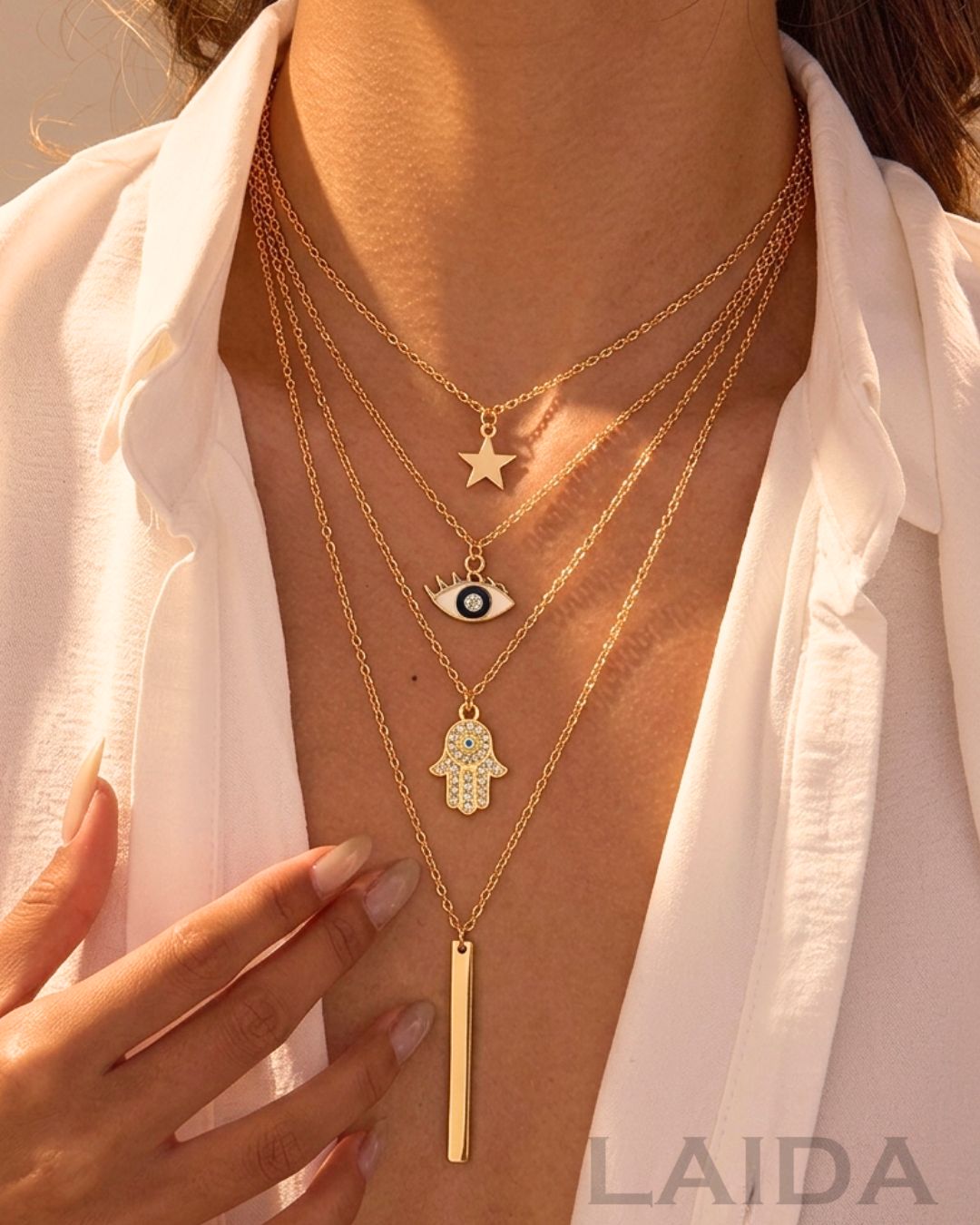 Multi Layer Evil Eye Hamsa Star Pendant Chain