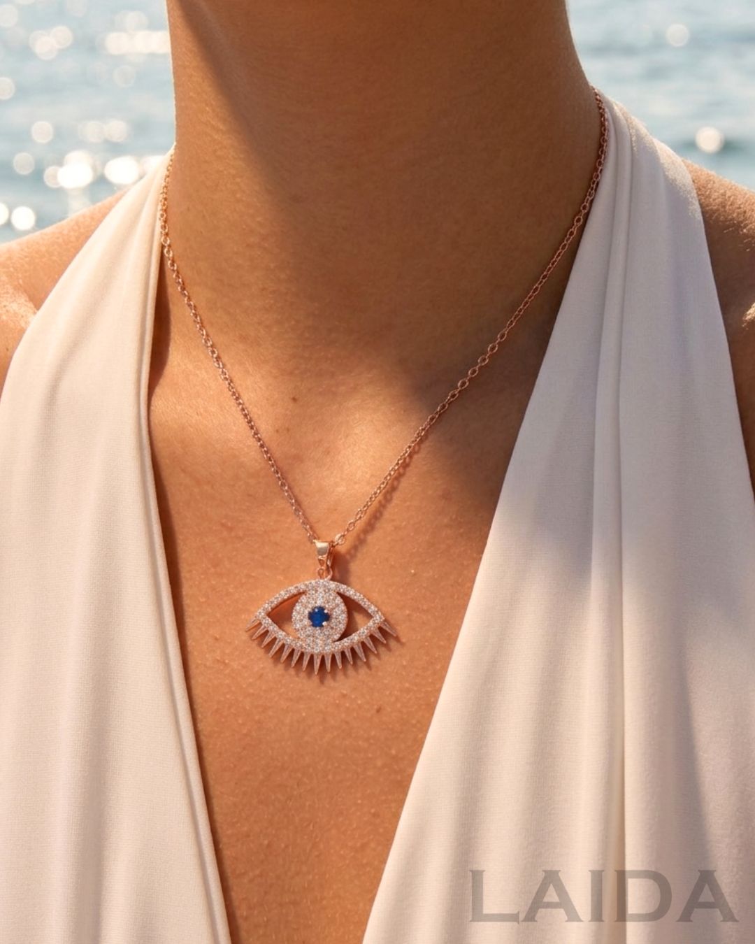Rose Gold Blue Evil Eye Lashes Pendant