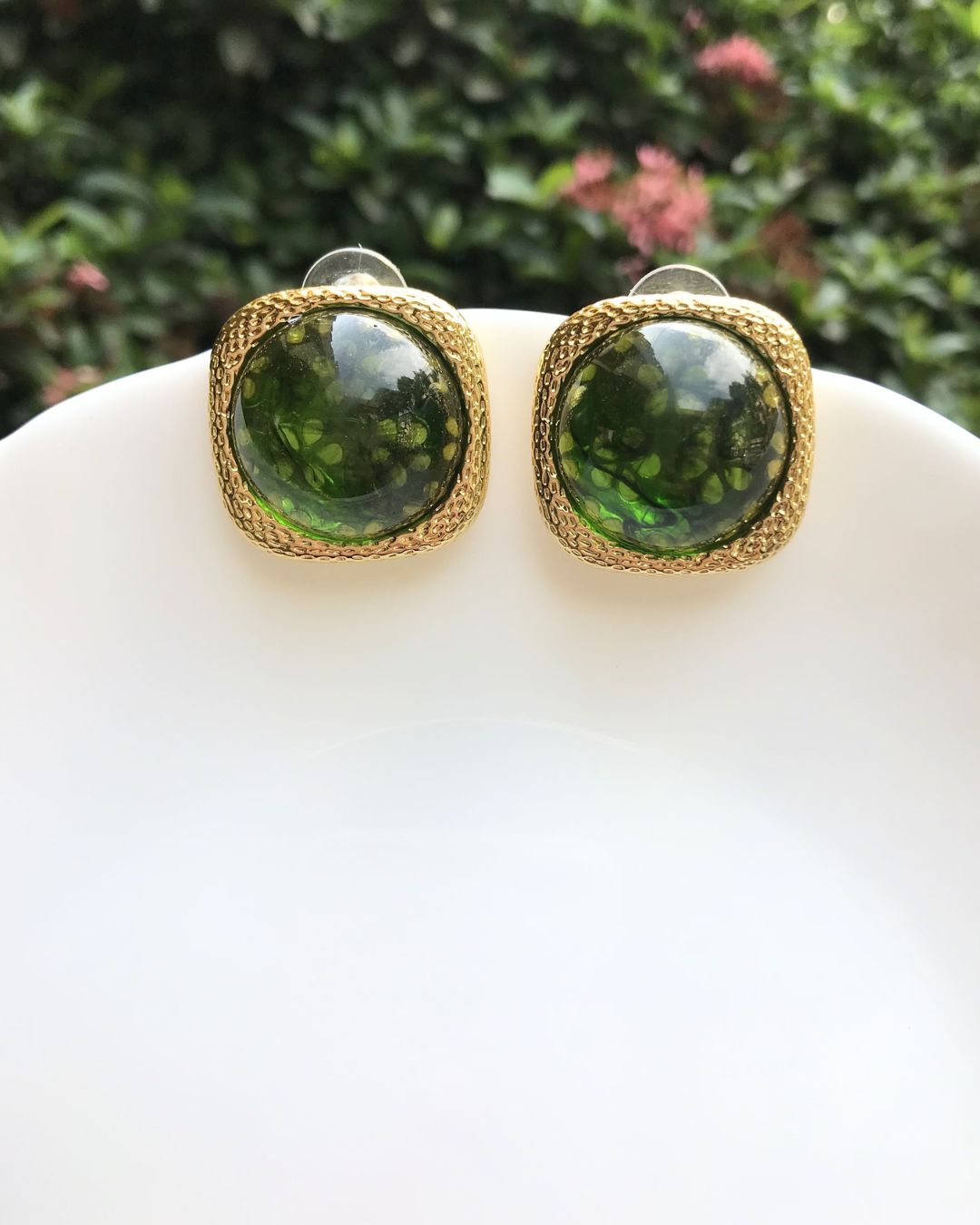 Emerald Green Dome Stud Earrings