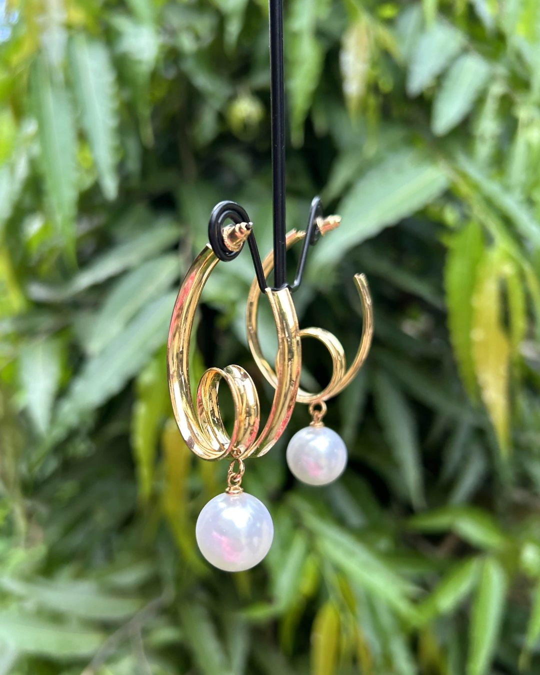 Golden Pearl Twist Hoop Earrings