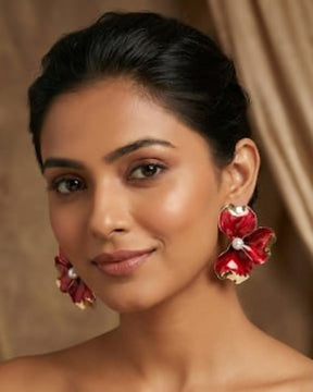 Red Flora Pearl Stud Earrings